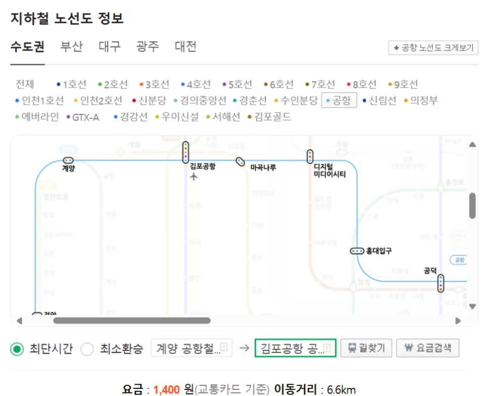 계양역에서 김포공항까지 철도요금 사진